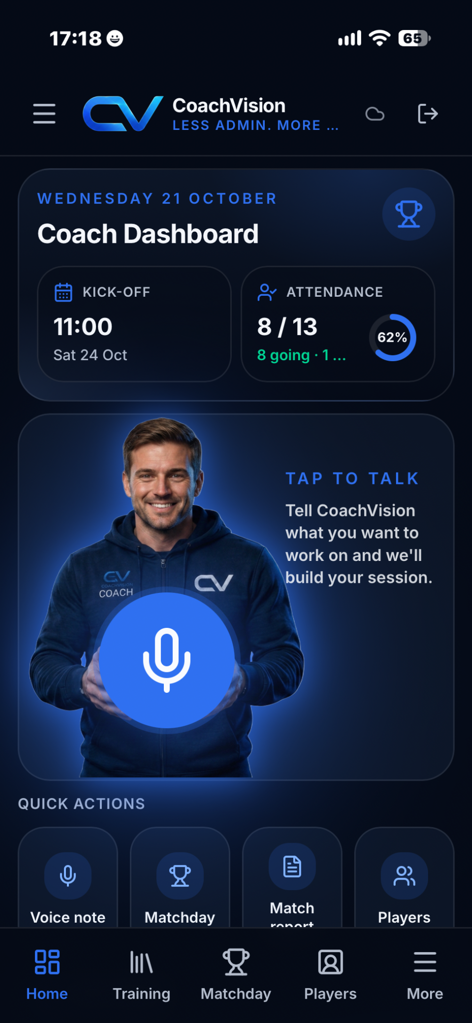 CoachVision app showing coach dashboard, kick-off time, attendance, voice assistant and quick actions